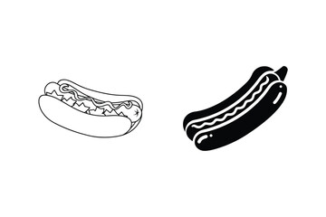 Hot Dog Icons Featuring Line Art And Solid Black Silhouettes On White Background