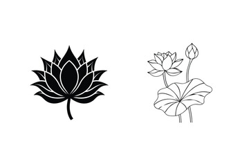 Elegant Lotus Flower Illustrations In Black And White Outline Style Vector Design