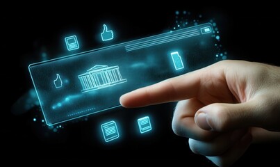 Interactive digital banking interface displayed on a transparent touch screen.  Hand points at a bank building icon.  Various utility icons overlay