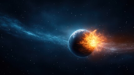Fototapeta premium Dramatic Cosmic Scene with Exploding Planet in Dark Space Surrounded by Stars and Colorful Nebula