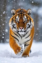 a close up of a tiger walking in the snow