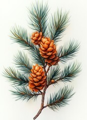 Fototapeta premium Botanical Illustration of Pine Tree Branch Watercolor on White Background