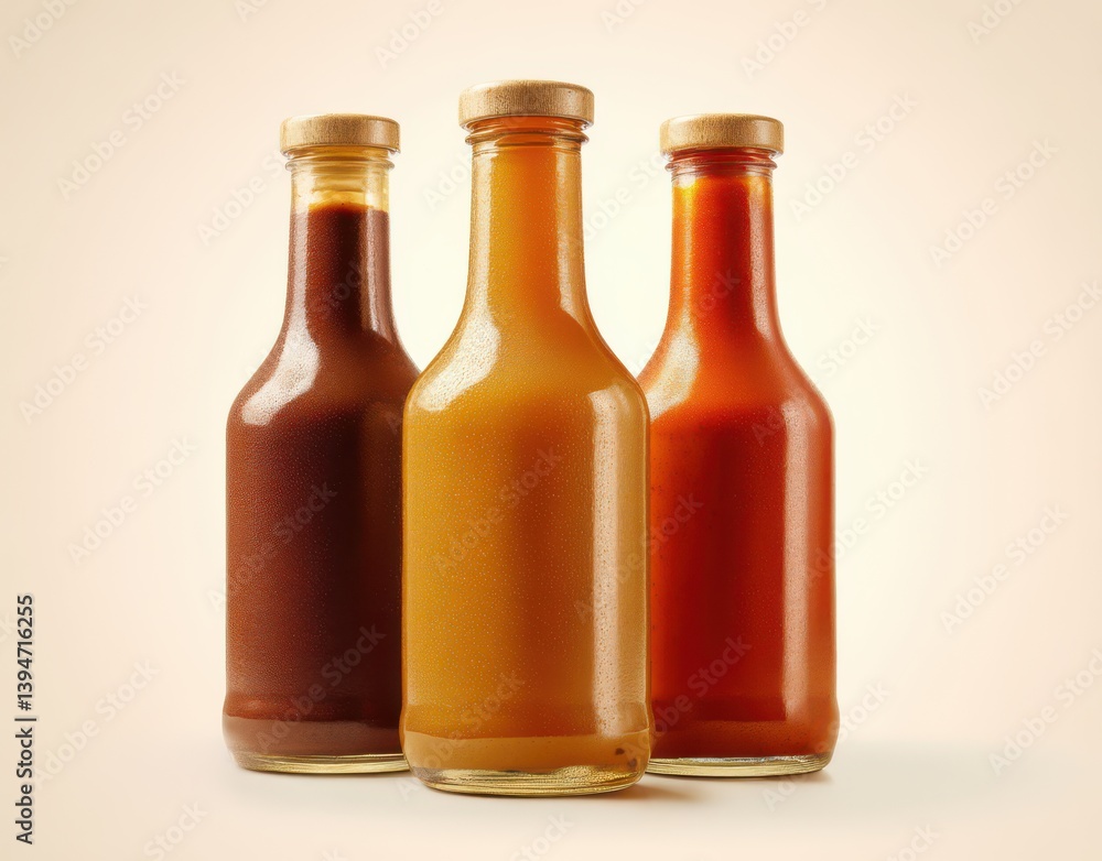 Fototapete bottles of different types of barbecue sauce isolated on a light background