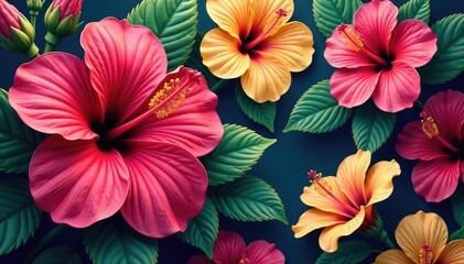 Bold tropical hibiscus blooms, vibrant repeat, tropical, yellow, colorful