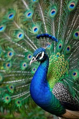 Obraz premium peacock with blue feathers and green tail feathers standing in front of a bush