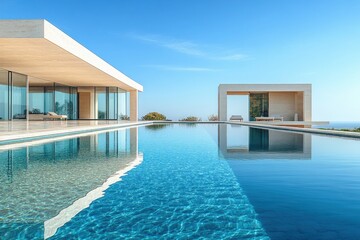 Fototapeta premium Modern minimalist house with garden swimming pool wooden deck and large windows