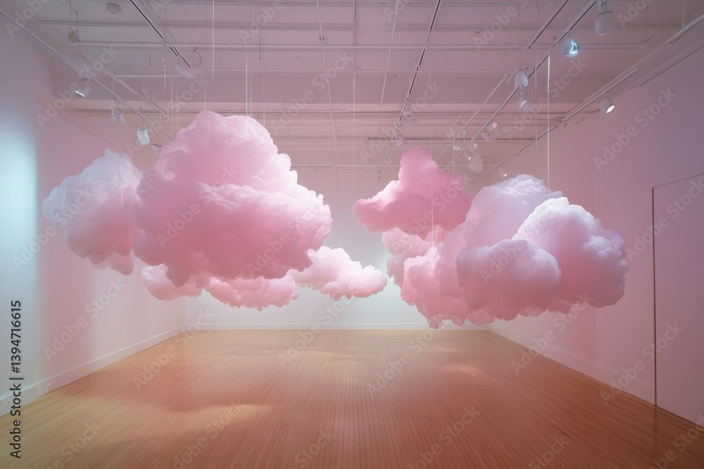 Poster soft cloud-like installation creates a serene atmosphere in a radiant gallery space