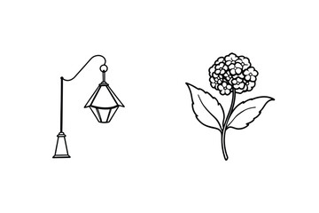 Minimalist Outline Illustration Of A Hydrangea Flower And Street Lamp On White
