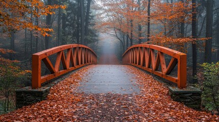Obraz premium Autumnal bridge through misty forest