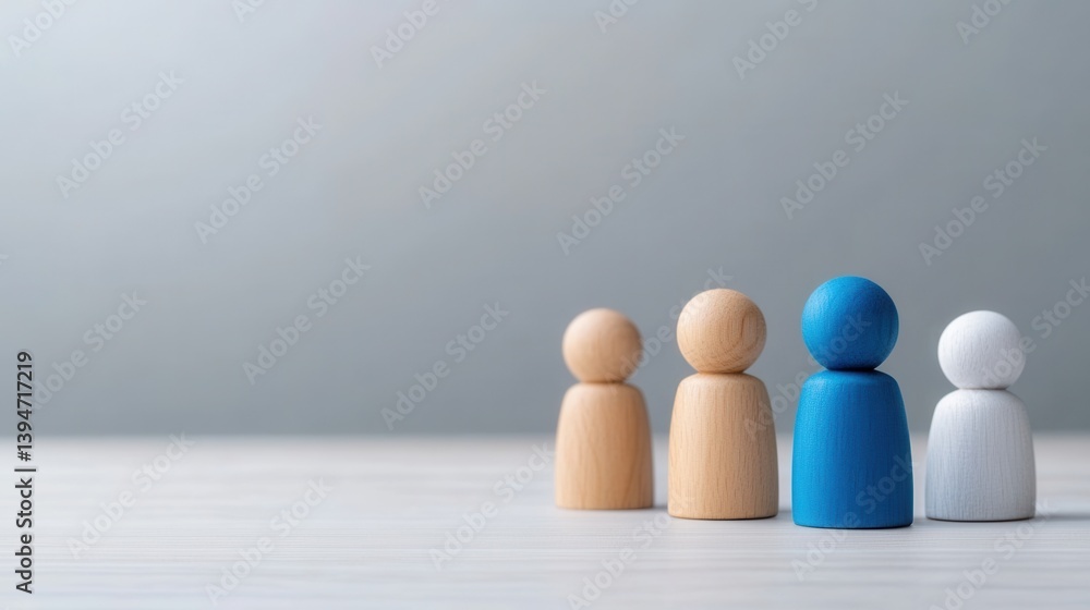 Poster wooden figures representing diverse people standing in a row with soft gradients on a minimalist bac