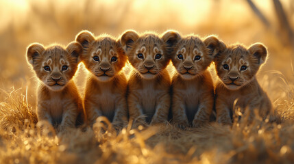 Five Adorable Lion Cubs Sitting Alert in Golden Evening Light