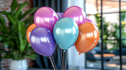 A cluster of vibrant colorful balloons floats indoors reflecting light against a backdrop of leafy plants and modern architecture.