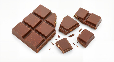 Fototapeta premium Chocolate bar broken into pieces against a white background 