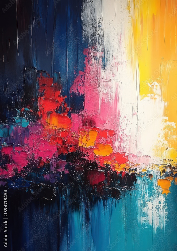 Poster vibrant abstract expressionist painting with dynamic brush strokes and multicolored splashes on whit