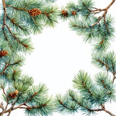 Watercolor Pine Tree Branches Square Frame Background for Christmas Decor