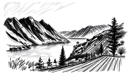 Fototapeta premium Black and white sketch of a serene lake surrounded by mountains, with trees and cultivated land in the foreground.