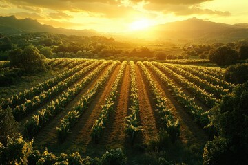 Fototapeta premium Aerial View of Vineyard Landscape at Golden Hour with Long Shadows and Wide Angle Perspective