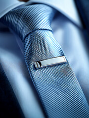 Close-up of a light blue textured tie with a silver tie clip paired with a crisp white shirt.