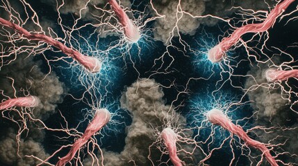 A digital illustration of a network of red and white lines, resembling electrical wires, against a dark blue background with white lightning bolts.