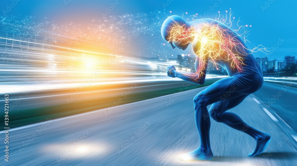 Poster dynamic action of a semitransparent human torso running with energy waves urban environment gigapixe