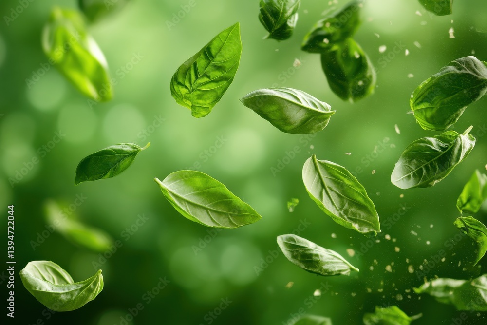 Poster fragrant essence of dried basil floating above fresh green surroundings during a culinary preparatio