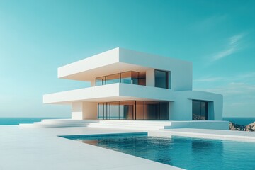 Fototapeta premium Luxury Modern House with Pool Garden and Wooden Deck in Minimalist Style