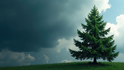 Branches of coniferous tree against dark grey sky with soft white clouds, evergreen, moody, tree