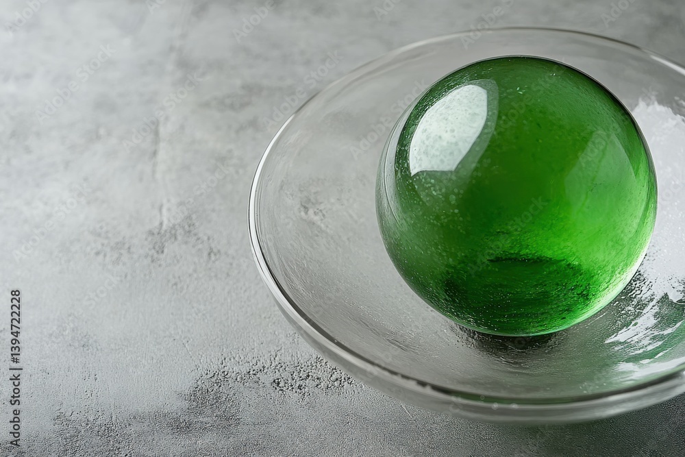 Poster close-up view of a green glass ball resting in a clear dish on a grey background, highlighting its r