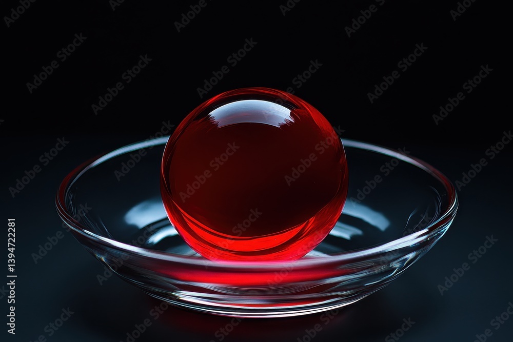 Fototapete close-up view of a striking red glass ball elegantly resting in a clear dish against a solid black b