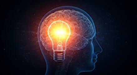 Glowing Lightbulb Inside a Human Brain Network Conceptual Illustration