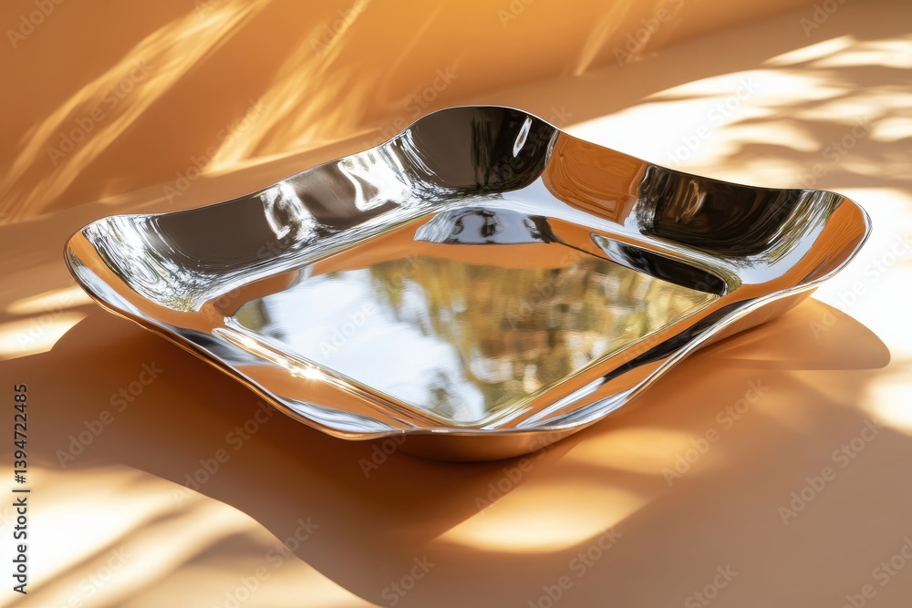 Poster elegant silver metal tray on a bright honey surface with modern design and polished finish reflectin