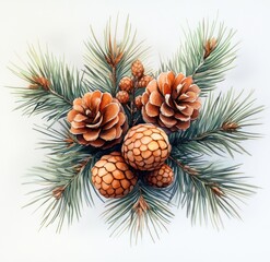 Watercolor Pine Branches and Cones Botanical Illustration for Christmas Decor