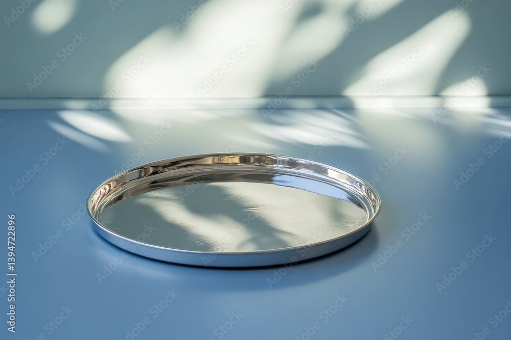 Poster modern silver metal tray elegantly displayed on a soft blue surface reflecting gentle light patterns