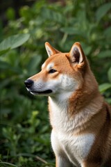 there is a dog that is sitting in the grass looking up