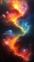 Obraz premium Vibrant Swirling Staircase of Colorful Clouds Phone Wallpaper Vertical 4K Mobile Background with Orange, Blue, and Purple Hues