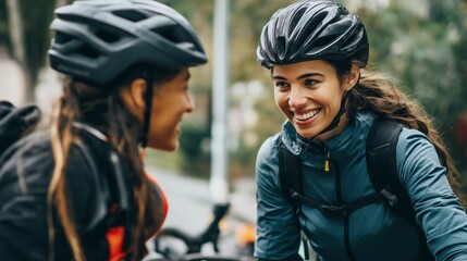 Engaging in a constructive conversation, a business mentor inspires a young mentee amidst a lively urban backdrop while cycling. Their smiles reflect the joy of learning