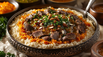 Rice Dish with Tender Meat Pieces, Almonds, Orange Topping, Herbs, Elegant Bowl