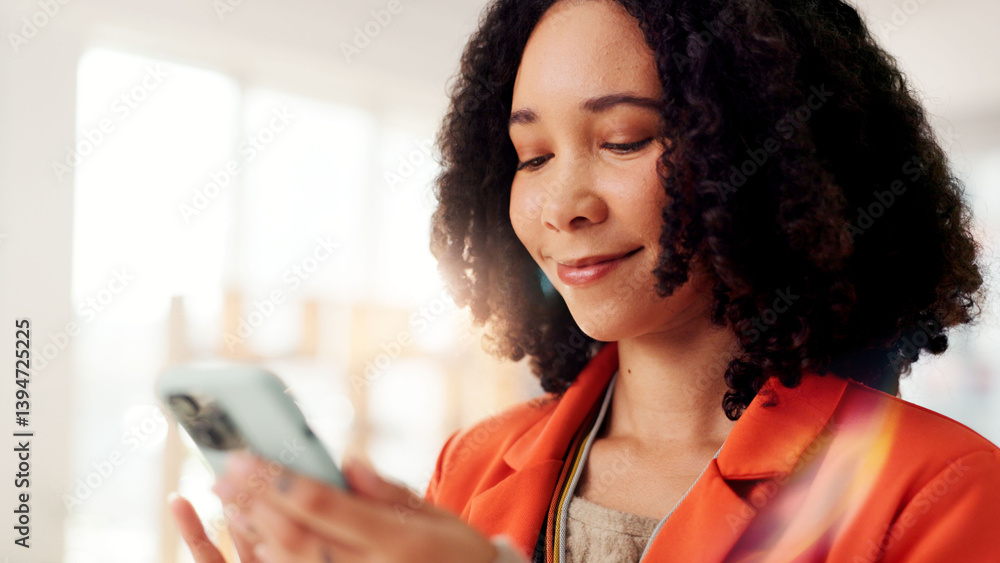Poster phone, smile and text with business woman in office for networking, client chat and virtual consulta