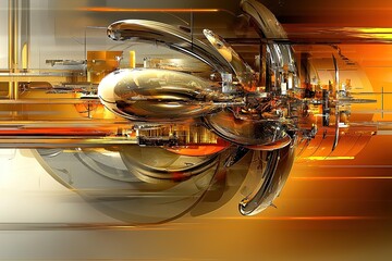 A futuristic, golden, abstract representation of a complex mechanical system.