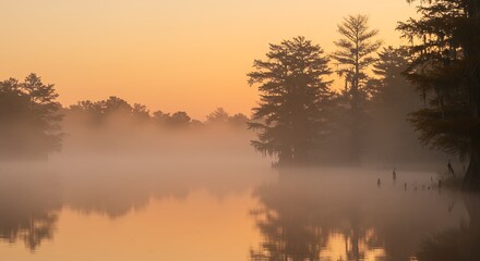Fototapeta premium Misty Sunrise over Calm Lake with Silhouetted Trees
