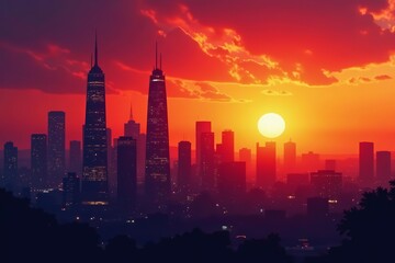 Silhouettes of towering skyscrapers against fiery sunset sky, twilight, modern