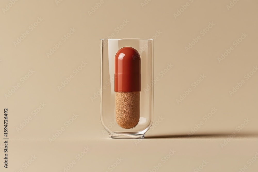 Poster capsule resting in clear glass on smooth beige surface during a minimalist display