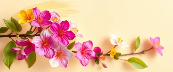 Fototapeta premium Soft paintbrush strokes near vibrant spring blossoms on a warm beige backdrop, springtime, bloom
