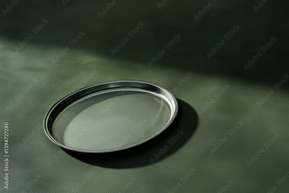 Poster Round metallic tray resting on a textured surface with soft natural light creating gentle shadows