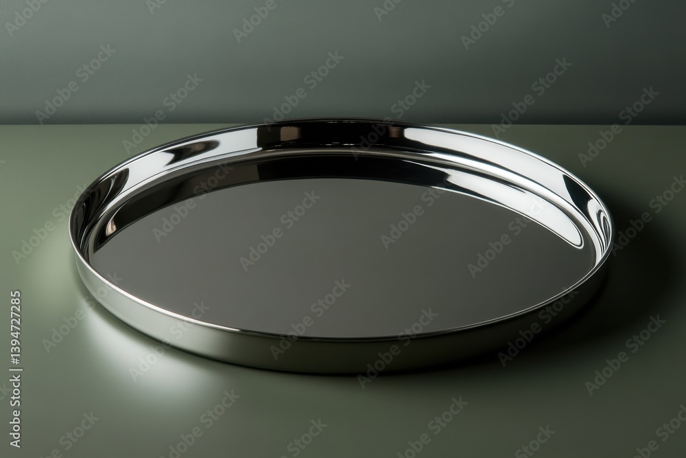 Poster reflective metal tray on a muted green surface showcasing sleek design and simplicity for modern dec