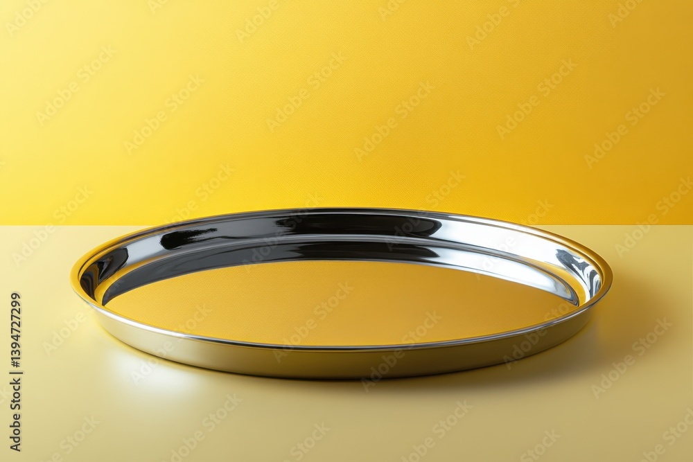 Poster Circular metallic tray with reflective surface on a bright yellow background creating a vibrant visual contrast