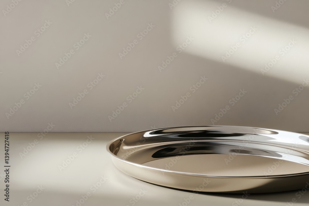 Poster polished metallic tray reflecting soft light in a minimalistic setting