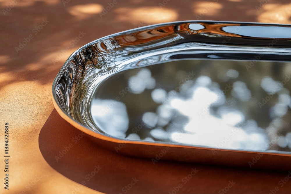 Poster Reflective metal tray resting on a textured surface showcasing natural light and shadow patterns in the afternoon