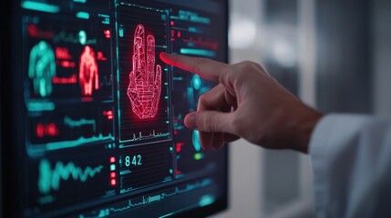 Naklejka premium Healthcare Technology patient concept. Futuristic hospital with AI powered patient tracking system