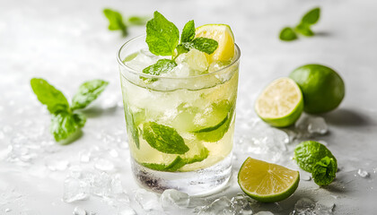 Fototapeta premium Refreshing water with ice in glass isolated on white